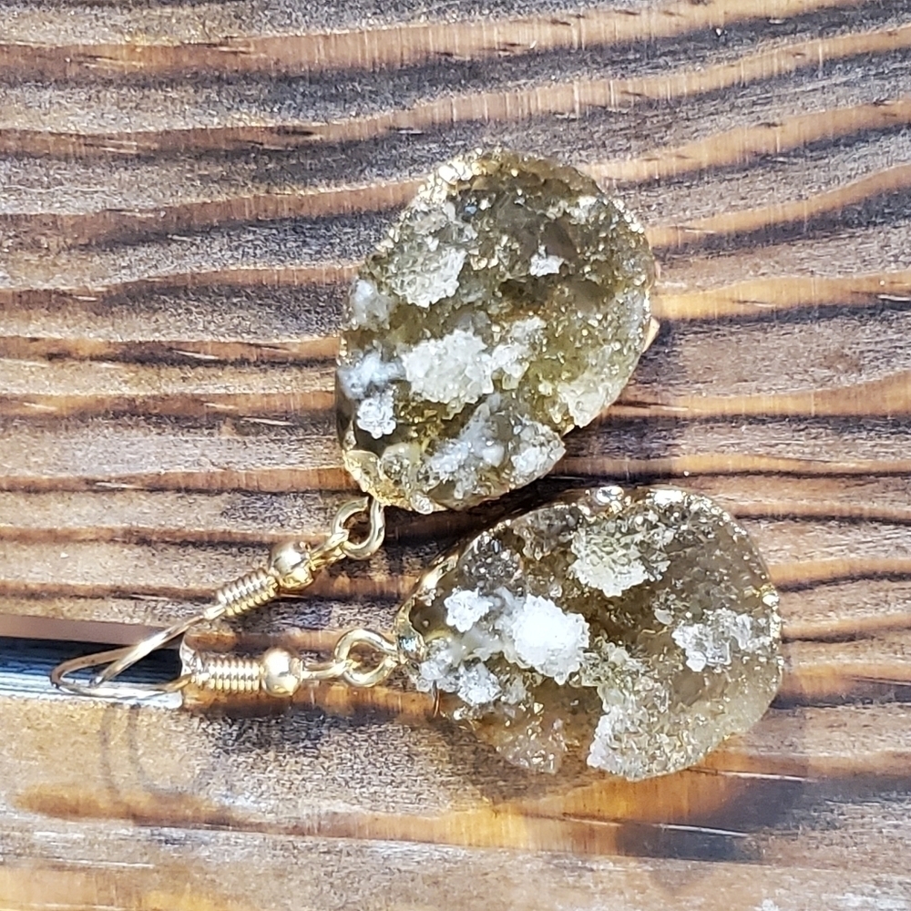 Druzy Agate Teardrop Earrings Gold Pale Yellow